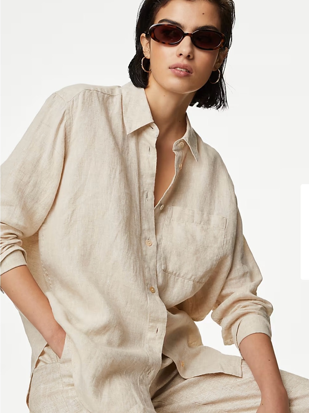 Marks & Spencer Beige 100% Linen Button-Down Shirt